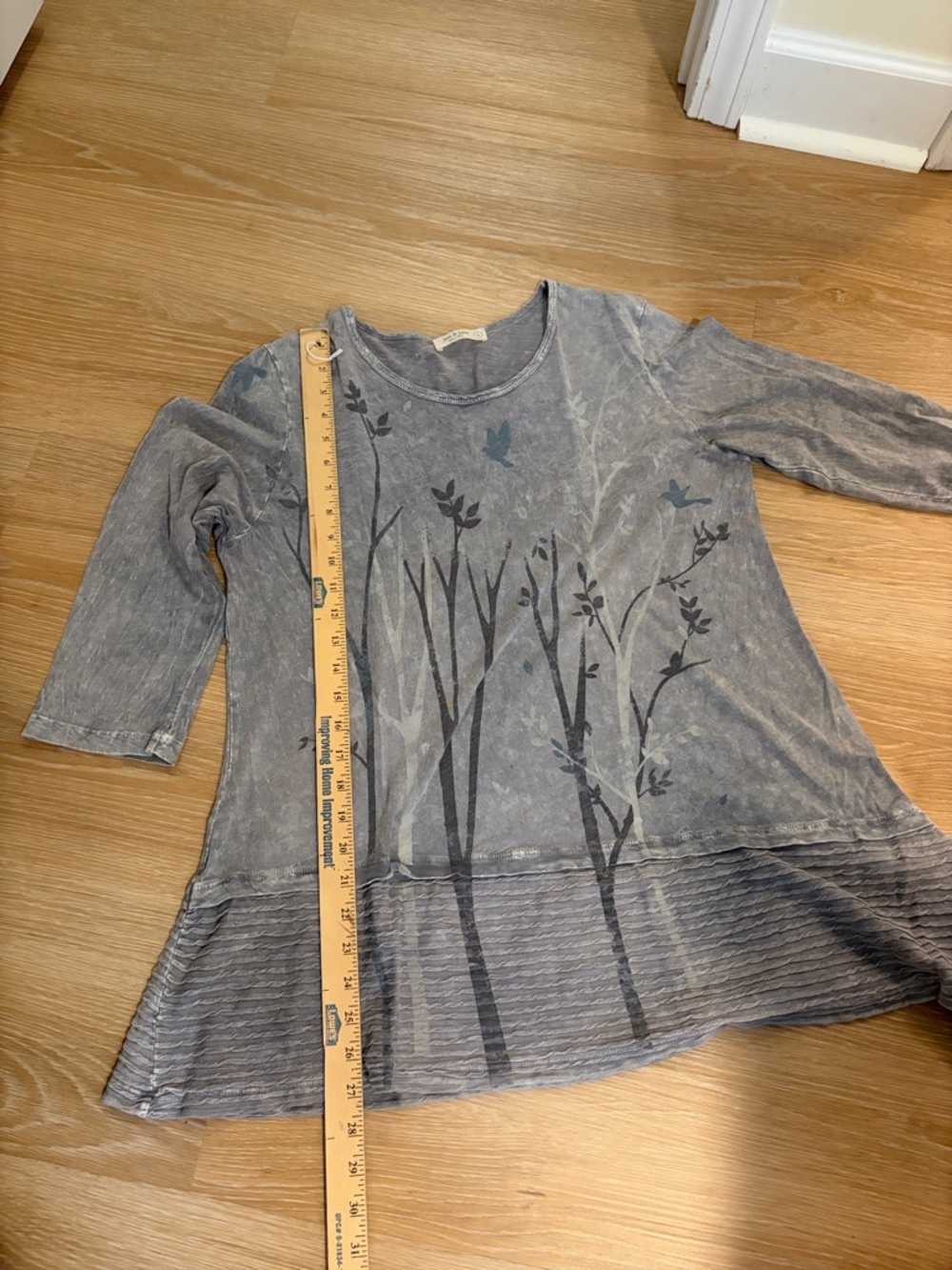 Jess & Jane Gray Tree Bird Print Tunic Top 3/4 Sleeve Made in USA Women's L